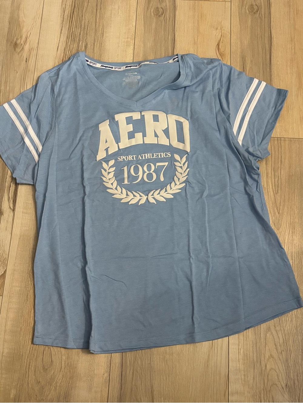 Aeropostale Powder Blue V-Neck Graphic Tee with White Crest